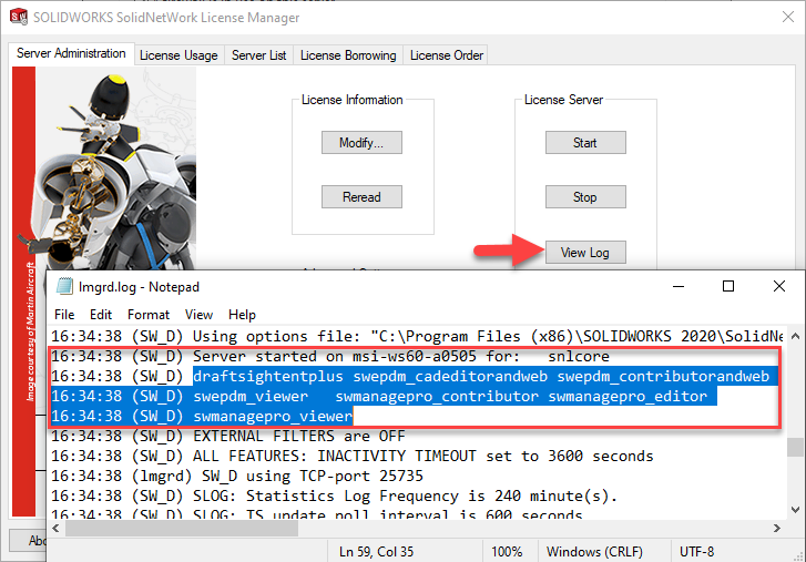 Viewing SolidNetWork log file