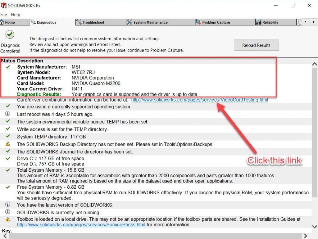 Diagnostics tab in SOLIDWORKS Rx