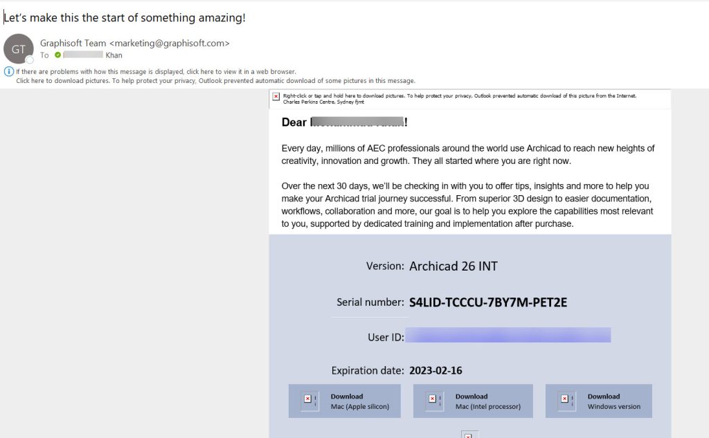an email from graphisoft team