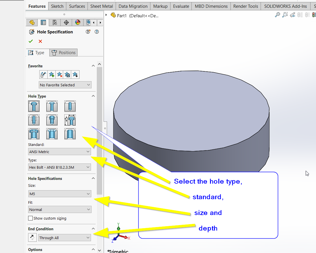 Setting the hole type and its parameters