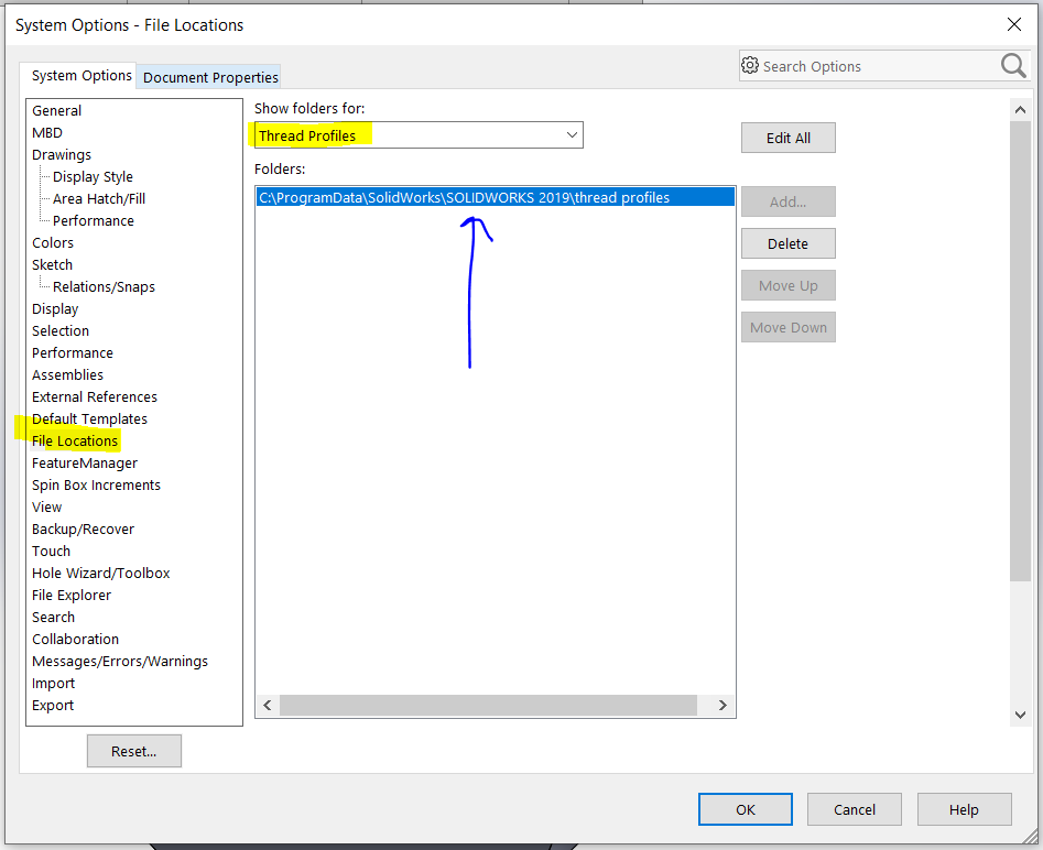 File Locations Window