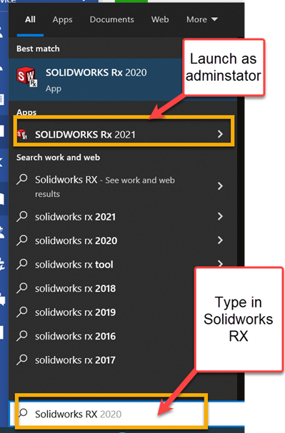 launch Solidworks RX as administrator