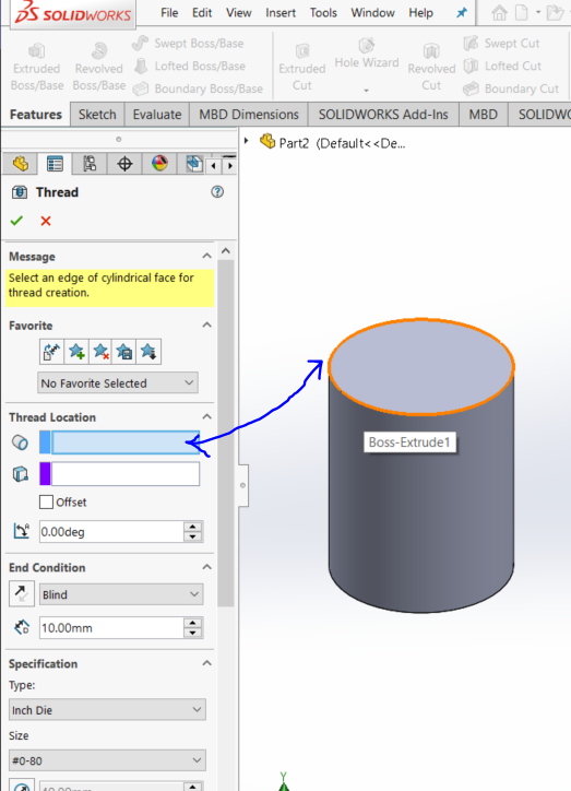 Selecting the edge of the cylinder