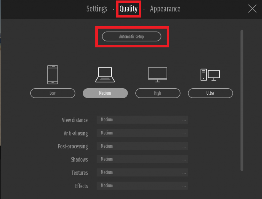 Quality select Automatic Setup